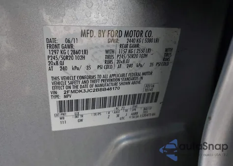 2011 Ford Edge Sel z USA, uszkodzony, nr VIN 2FMDK3JC2BBB48170